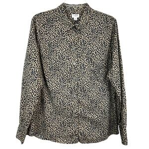 J. Crew Leopard Animal Print 100% Cotton Button Up Shirt Navy Tan Size XL